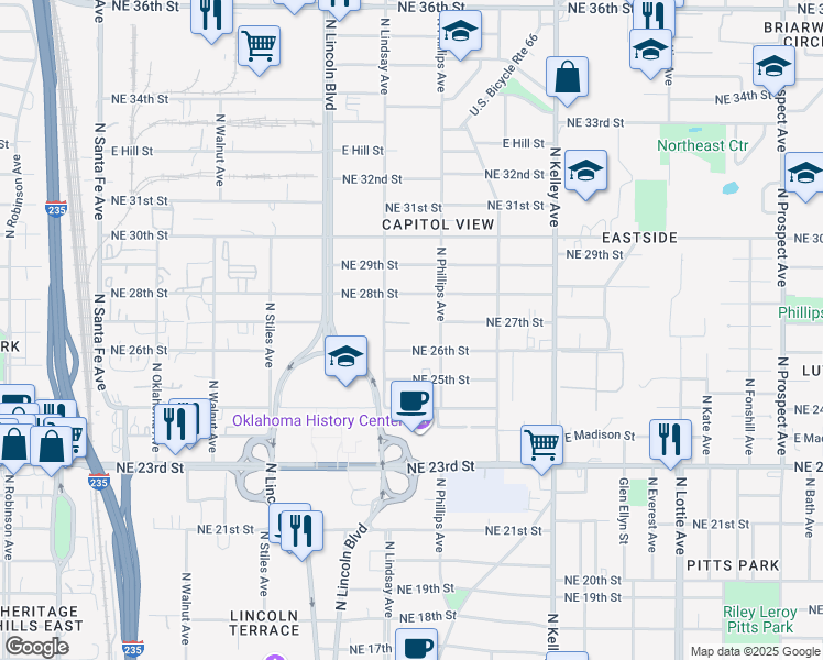 map of restaurants, bars, coffee shops, grocery stores, and more near 712 Northeast 27th Street in Oklahoma City