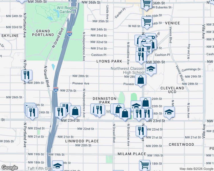 map of restaurants, bars, coffee shops, grocery stores, and more near 3104 Pioneer Avenue in Oklahoma City