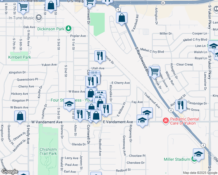 map of restaurants, bars, coffee shops, grocery stores, and more near 123 East Bass Avenue in Yukon