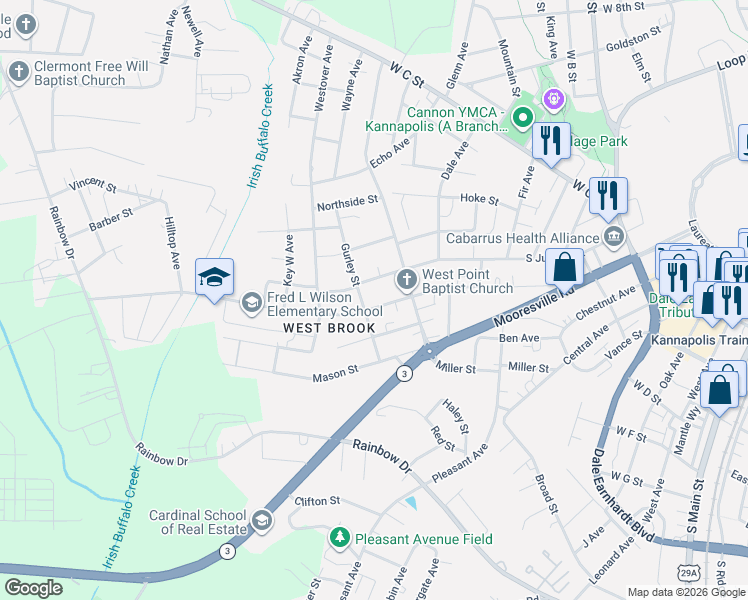 map of restaurants, bars, coffee shops, grocery stores, and more near 1116 Pine St in Kannapolis