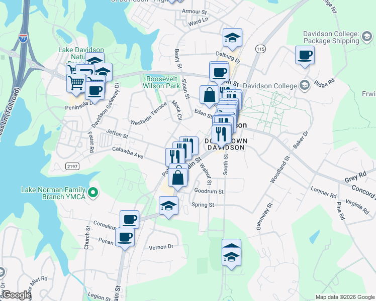 map of restaurants, bars, coffee shops, grocery stores, and more near 302 Potts Street in Davidson