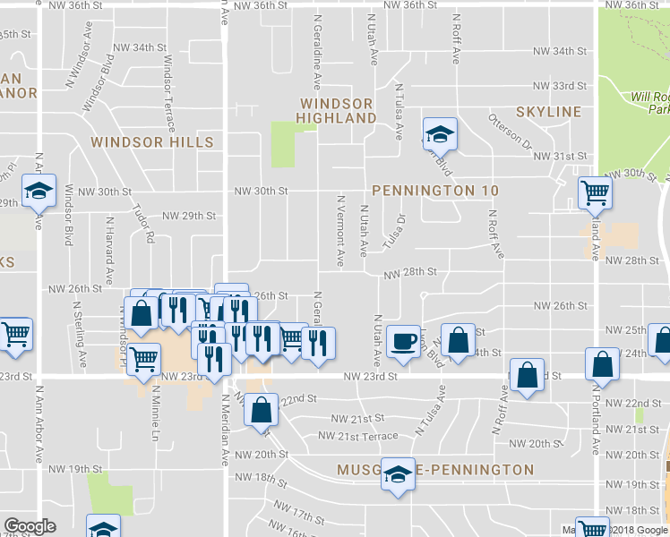 map of restaurants, bars, coffee shops, grocery stores, and more near 4227 Northwest 28th Street in Oklahoma City