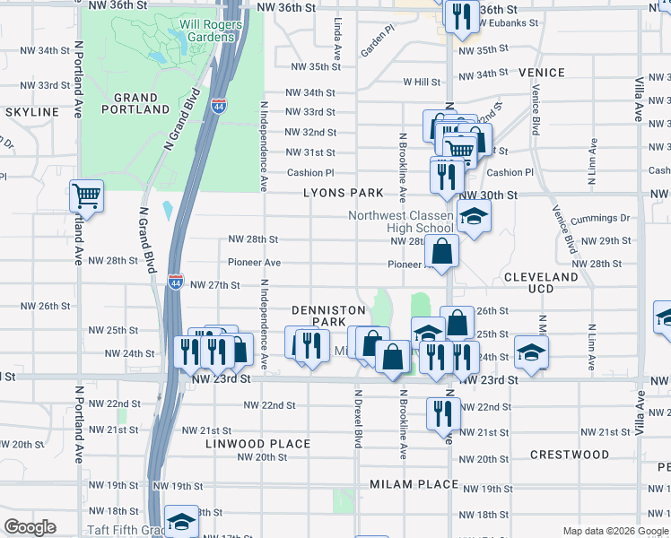 map of restaurants, bars, coffee shops, grocery stores, and more near 3104 Pioneer Avenue in Oklahoma City