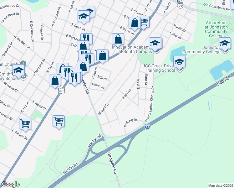map of restaurants, bars, coffee shops, grocery stores, and more near 907 Blount Street in Smithfield