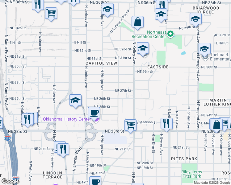 map of restaurants, bars, coffee shops, grocery stores, and more near 840 Northeast 27th Street in Oklahoma City