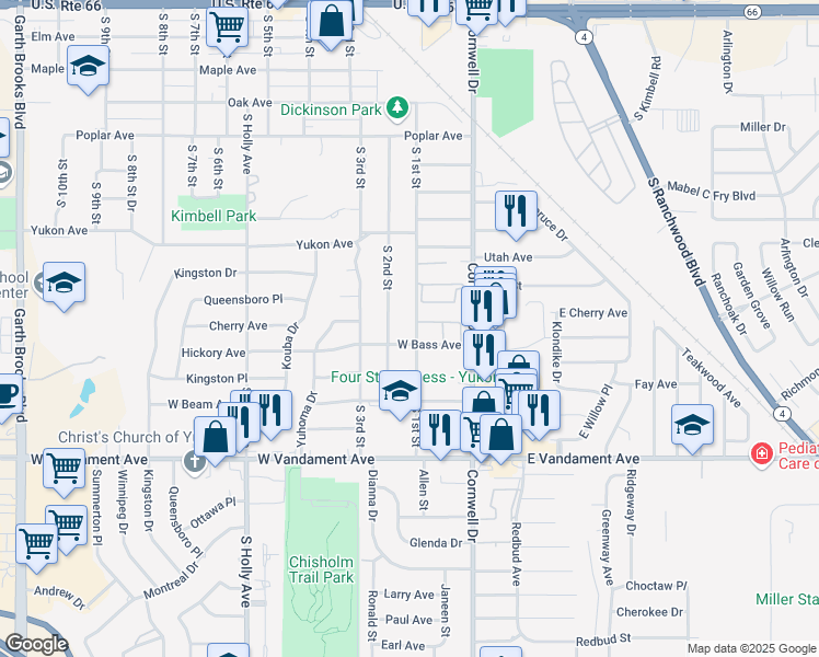 map of restaurants, bars, coffee shops, grocery stores, and more near 1004 South 1st Street in Yukon