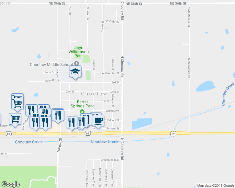 map of restaurants, bars, coffee shops, grocery stores, and more near 14970 2nd Street in Choctaw