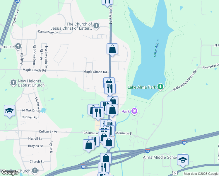 map of restaurants, bars, coffee shops, grocery stores, and more near U. S. Highway 71 in Alma