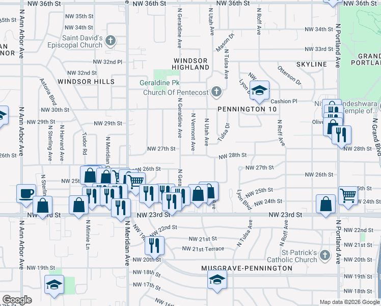 map of restaurants, bars, coffee shops, grocery stores, and more near 4227 Northwest 28th Street in Oklahoma City