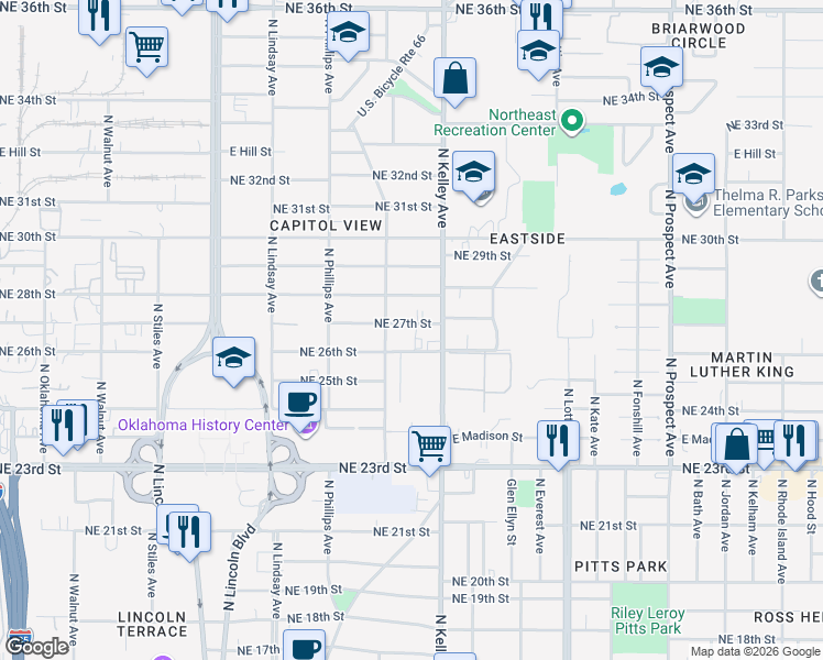 map of restaurants, bars, coffee shops, grocery stores, and more near 920 Northeast 27th Street in Oklahoma City
