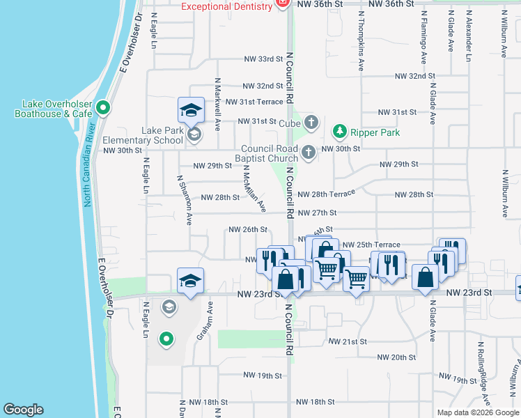map of restaurants, bars, coffee shops, grocery stores, and more near 2801 North McMillan Avenue in Bethany