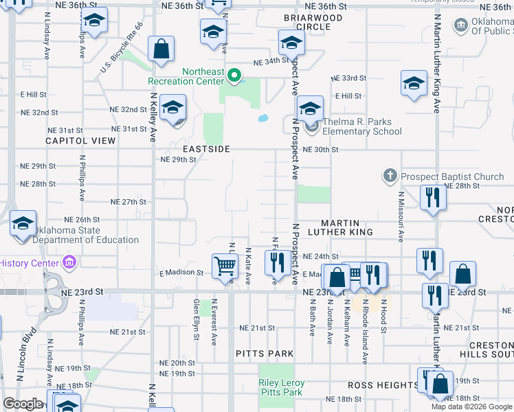 map of restaurants, bars, coffee shops, grocery stores, and more near 1400 Northeast 27th Street in Oklahoma City