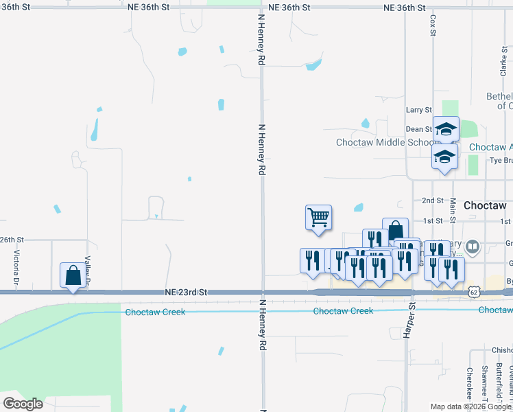 map of restaurants, bars, coffee shops, grocery stores, and more near 2813 North Henney Road in Choctaw