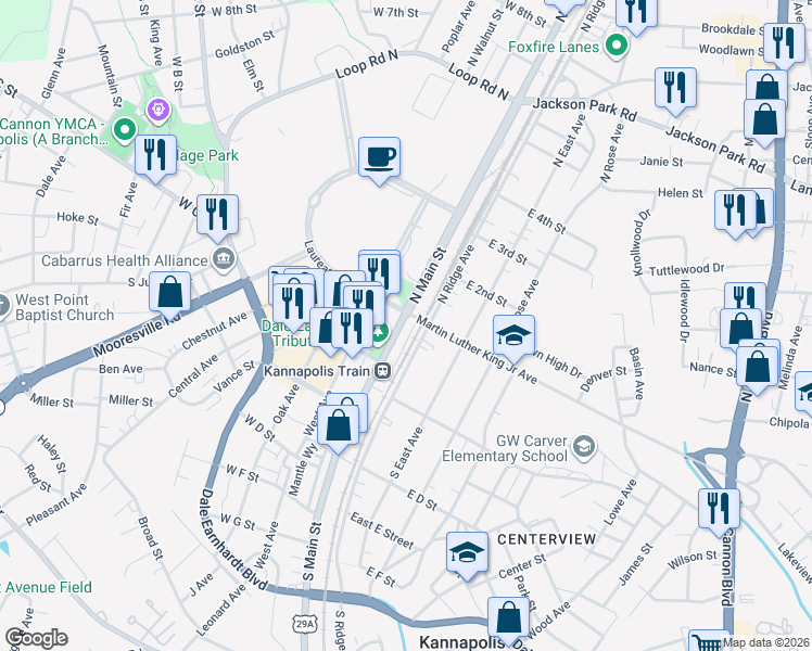 map of restaurants, bars, coffee shops, grocery stores, and more near 113 South Main Street in Kannapolis