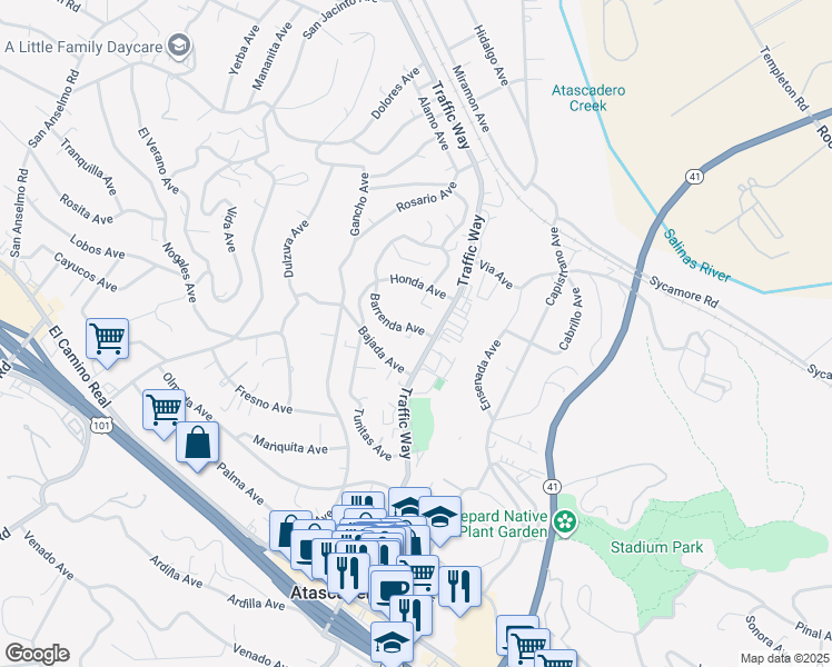 map of restaurants, bars, coffee shops, grocery stores, and more near 5398 Barrenda Avenue in Atascadero