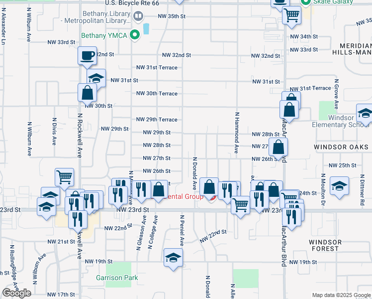 map of restaurants, bars, coffee shops, grocery stores, and more near 2712 N Peniel St in Oklahoma City