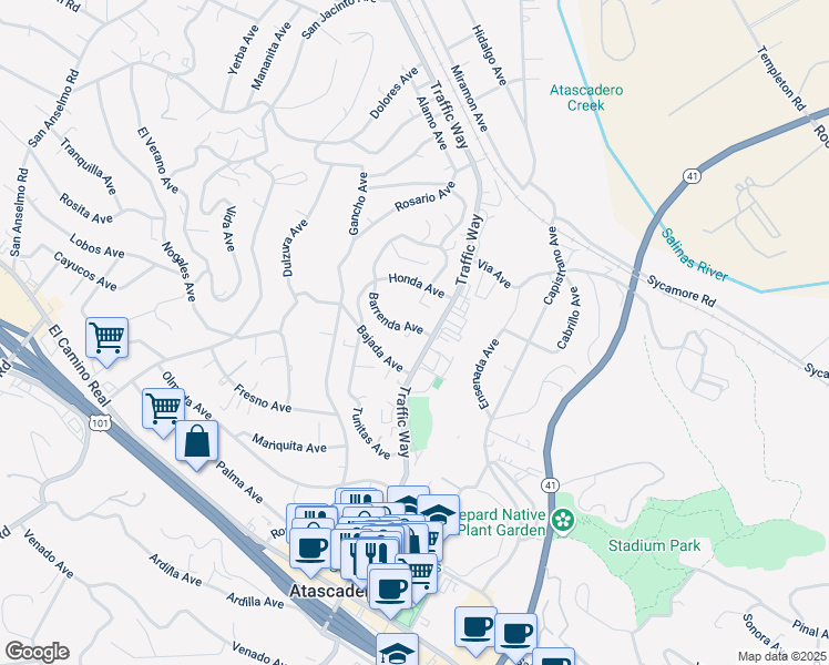 map of restaurants, bars, coffee shops, grocery stores, and more near 5398 Barrenda Avenue in Atascadero