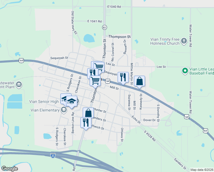 map of restaurants, bars, coffee shops, grocery stores, and more near 213 Mill Street in Vian