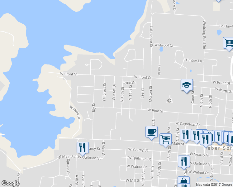 map of restaurants, bars, coffee shops, grocery stores, and more near 419 Sunset Drive in Heber Springs