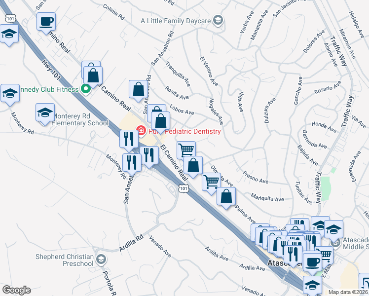 map of restaurants, bars, coffee shops, grocery stores, and more near 5675 Hermosilla Avenue in Atascadero