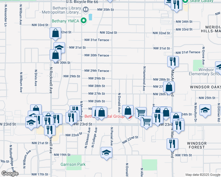 map of restaurants, bars, coffee shops, grocery stores, and more near 2712 North Peniel Street in Oklahoma City