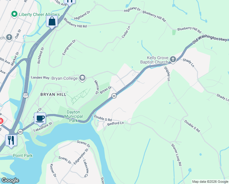 map of restaurants, bars, coffee shops, grocery stores, and more near 900-1052 Bryan Dr in Dayton