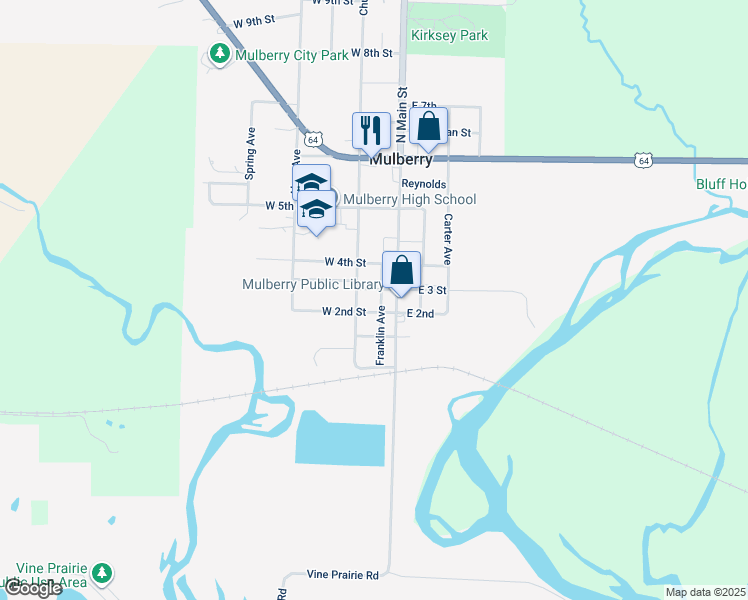 map of restaurants, bars, coffee shops, grocery stores, and more near 215 Franklin Avenue in Mulberry