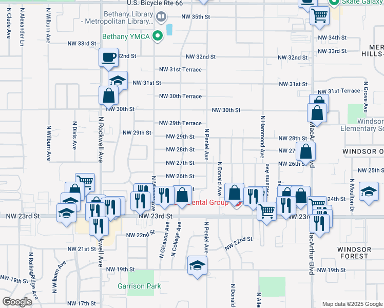 map of restaurants, bars, coffee shops, grocery stores, and more near 6610 NW 28th St in Bethany