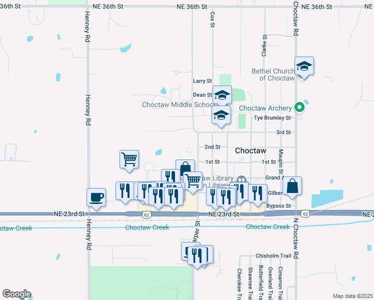 map of restaurants, bars, coffee shops, grocery stores, and more near 2707 Harper Street in Choctaw
