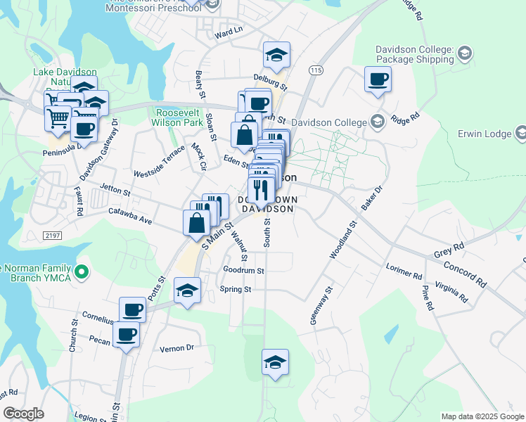 map of restaurants, bars, coffee shops, grocery stores, and more near 216s South Main Street in Davidson