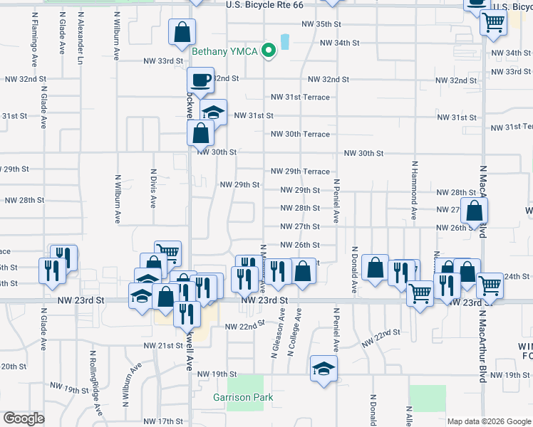 map of restaurants, bars, coffee shops, grocery stores, and more near 6744 Northwest 28th Street in Bethany