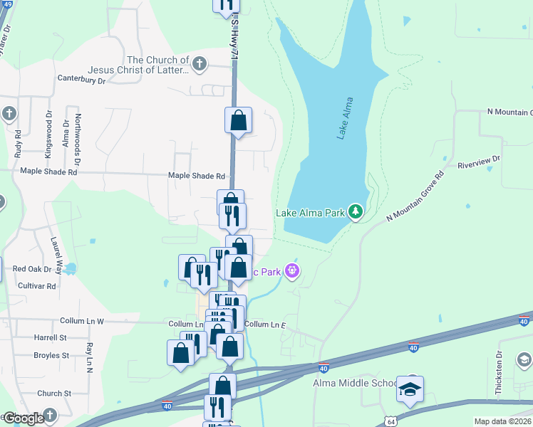 map of restaurants, bars, coffee shops, grocery stores, and more near 1112 North Highway 71 in Alma