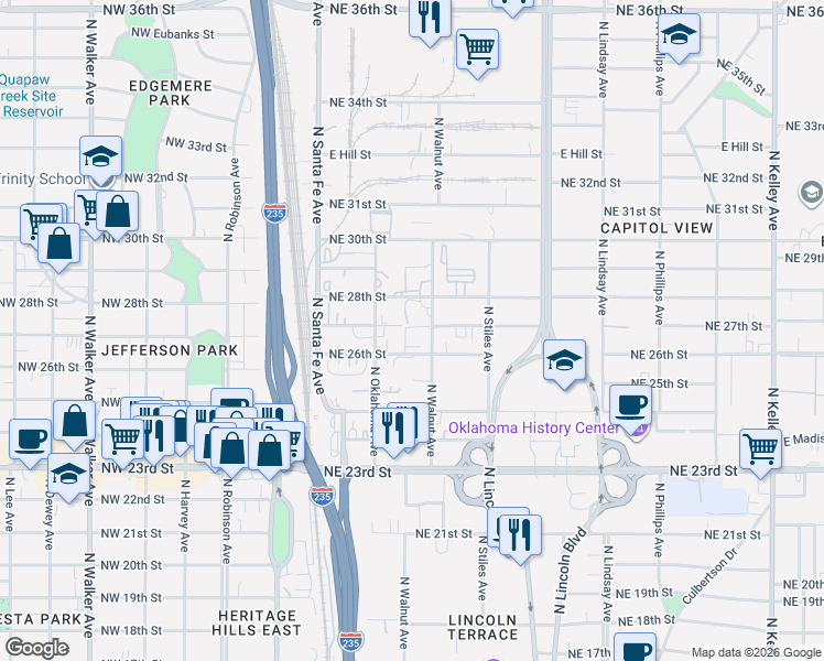 map of restaurants, bars, coffee shops, grocery stores, and more near 116 Northeast 27th Street in Oklahoma City