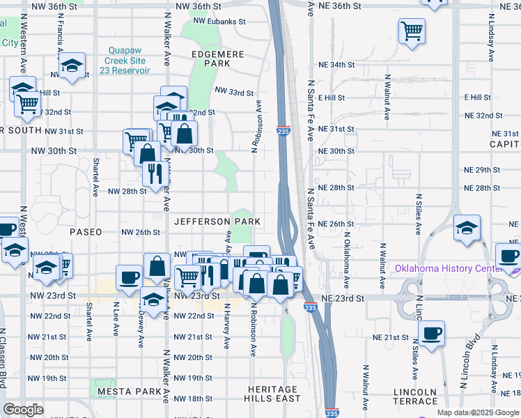 map of restaurants, bars, coffee shops, grocery stores, and more near 125 Northwest 27th Street in Oklahoma City