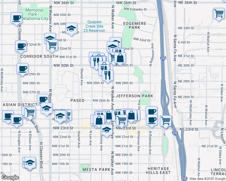 map of restaurants, bars, coffee shops, grocery stores, and more near 2801 North Walker Avenue in Oklahoma City