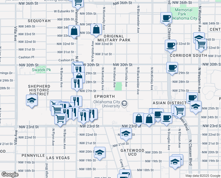 map of restaurants, bars, coffee shops, grocery stores, and more near 1829 Northwest 27th Street in Oklahoma City