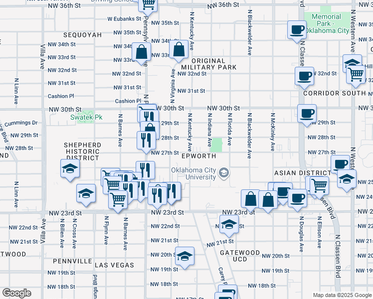 map of restaurants, bars, coffee shops, grocery stores, and more near 1829 Northwest 27th Street in Oklahoma City