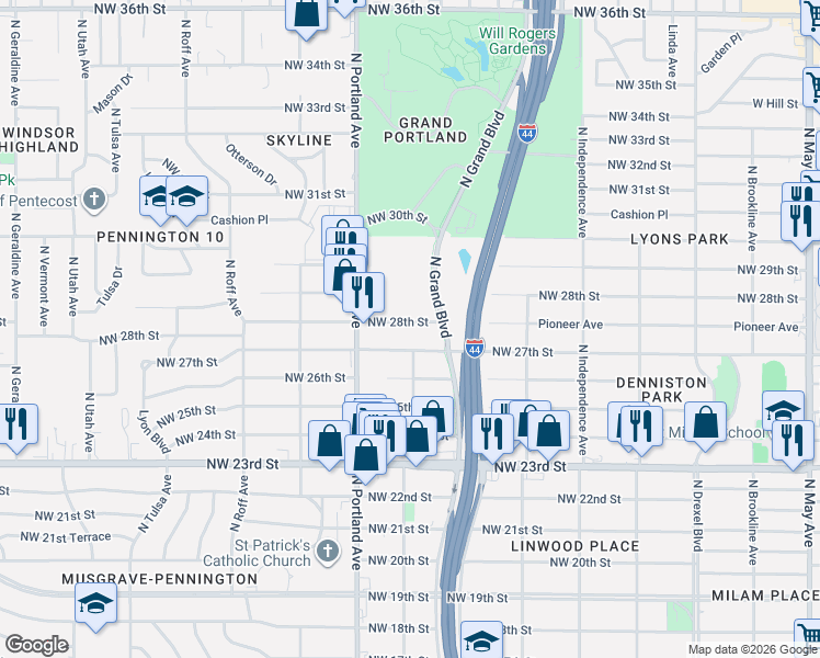 map of restaurants, bars, coffee shops, grocery stores, and more near 3512 Northwest 28th Street in Oklahoma City