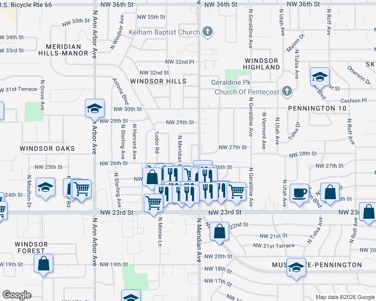 map of restaurants, bars, coffee shops, grocery stores, and more near 2713 North Meridian Place in Oklahoma City
