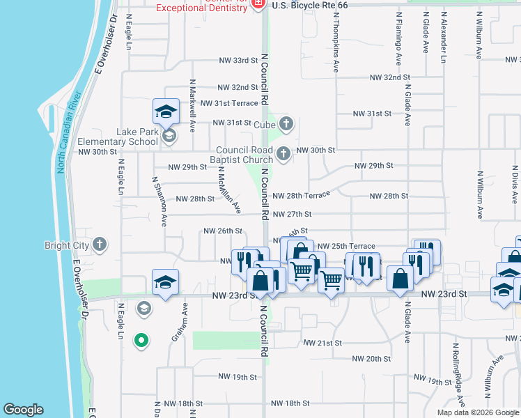 map of restaurants, bars, coffee shops, grocery stores, and more near 8001 Northwest 27th Street in Bethany