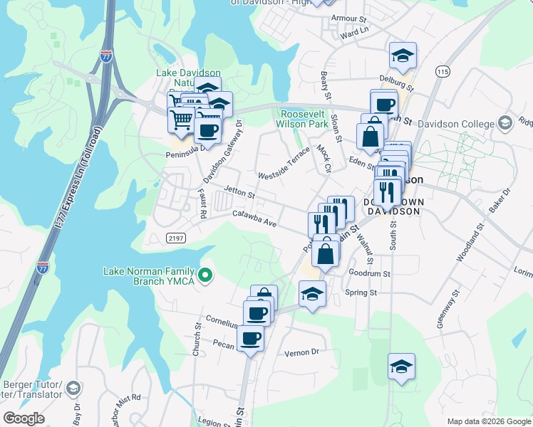 map of restaurants, bars, coffee shops, grocery stores, and more near 302 Catawba Avenue in Davidson
