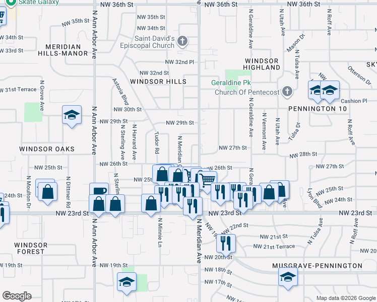 map of restaurants, bars, coffee shops, grocery stores, and more near 2713 North Meridian Place in Oklahoma City