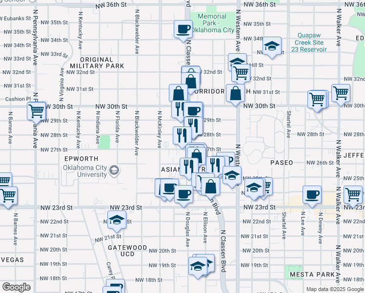 map of restaurants, bars, coffee shops, grocery stores, and more near 2801 North Classen Boulevard in Oklahoma City