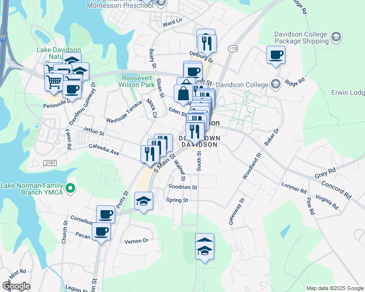 map of restaurants, bars, coffee shops, grocery stores, and more near 216s South Main Street in Davidson