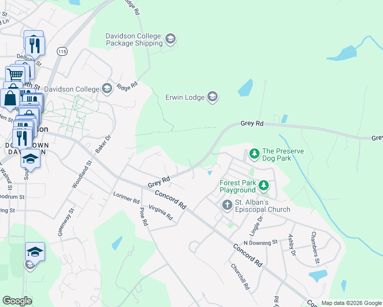 map of restaurants, bars, coffee shops, grocery stores, and more near 243 Grey Road in Davidson