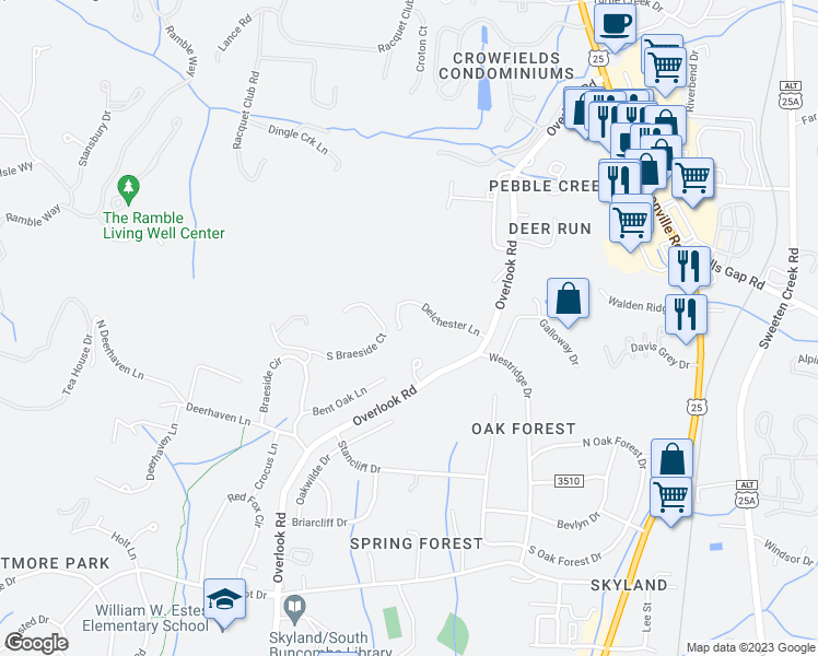 map of restaurants, bars, coffee shops, grocery stores, and more near 50 Delchester Lane in Asheville
