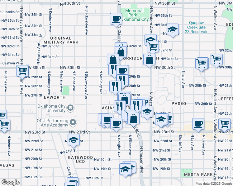 map of restaurants, bars, coffee shops, grocery stores, and more near 2801 North Classen Boulevard in Oklahoma City