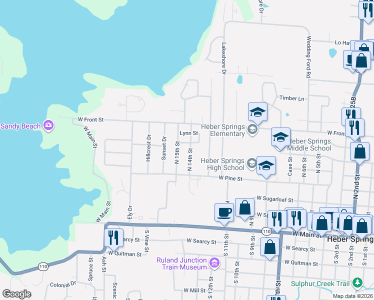 map of restaurants, bars, coffee shops, grocery stores, and more near 418 North 14th Street in Heber Springs