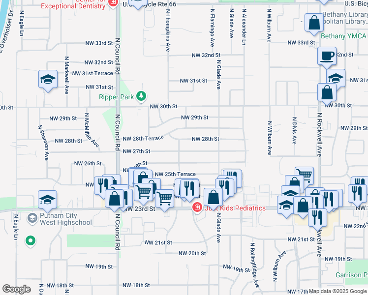 map of restaurants, bars, coffee shops, grocery stores, and more near 7625 Northwest 27th Street in Bethany