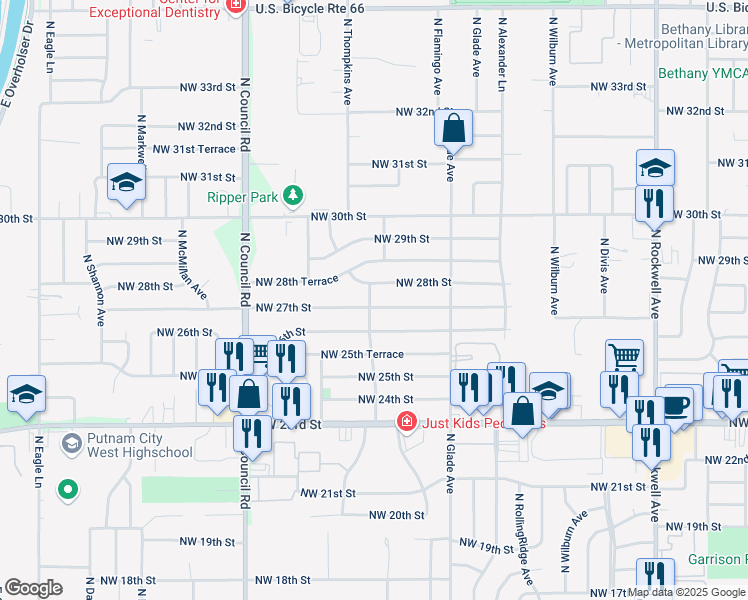 map of restaurants, bars, coffee shops, grocery stores, and more near 7625 Northwest 27th Street in Bethany